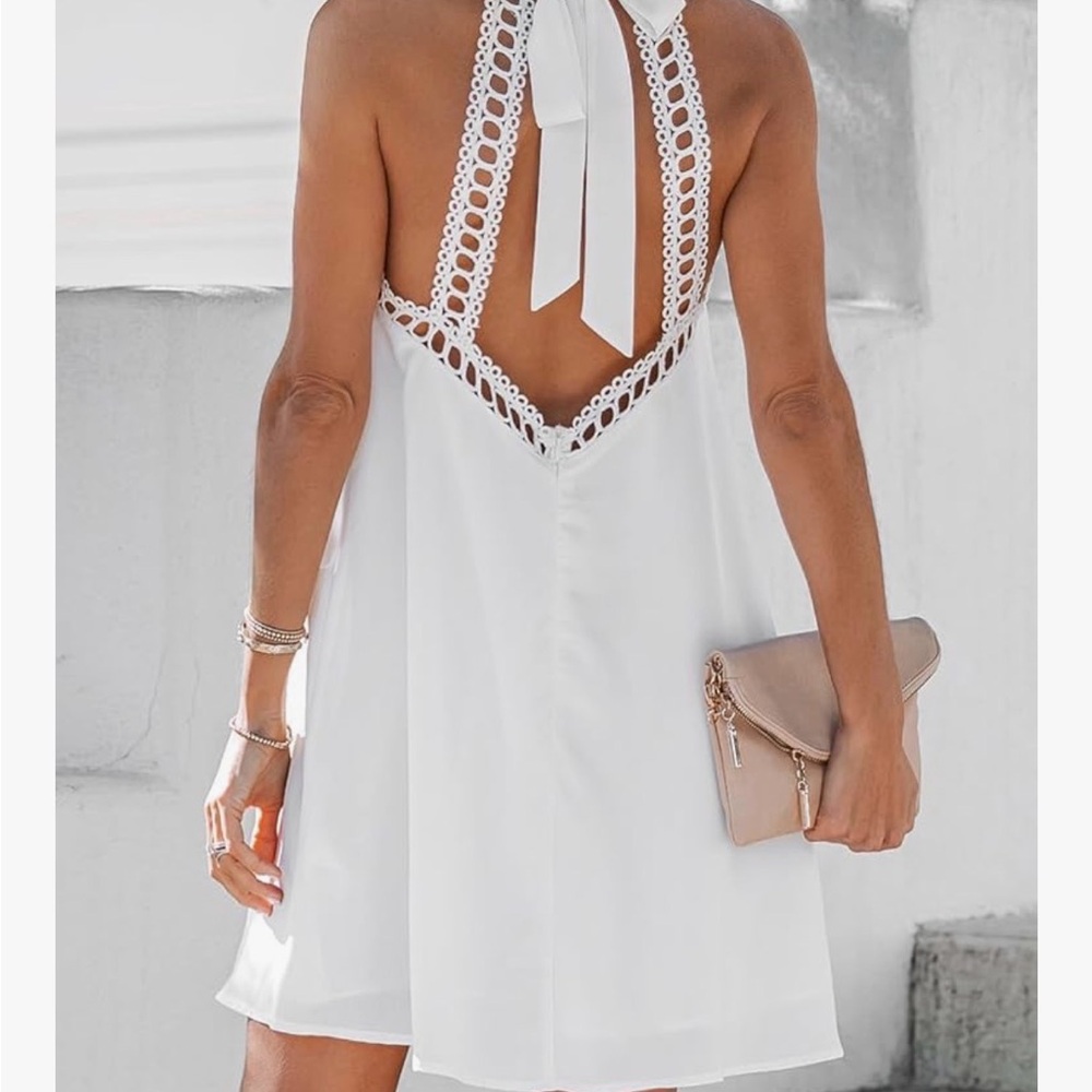 CUPSHE | White Lace Trim Halter Mini Dress - Picture 2 of 5